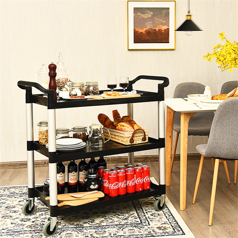 Maklaine 3-Shelf Aluminum Utility Service Cart with Casters in Black