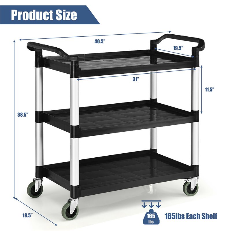 Maklaine 3-Shelf Aluminum Utility Service Cart with Casters in Black