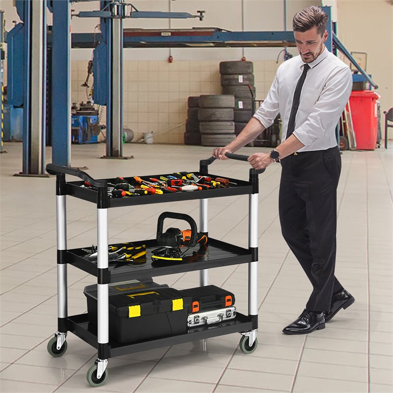 Maklaine 3-Shelf Aluminum Utility Service Cart with Casters in Black