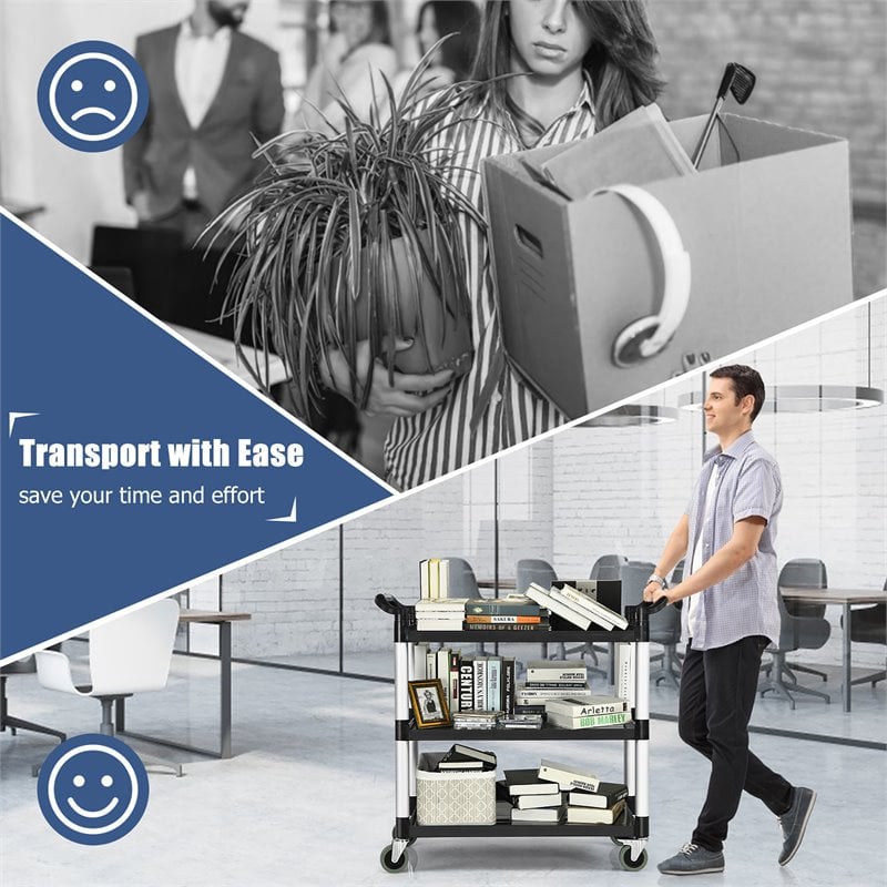 Maklaine 3-Shelf Aluminum Utility Service Cart with Casters in Black