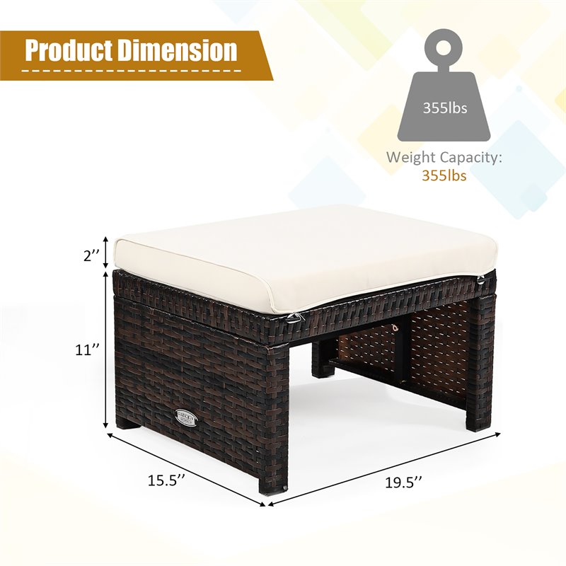 Maklaine Patio Rattan Ottomans/Footrests in White Cushioned Seat (Set of 2)