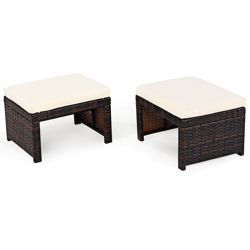 Maklaine Patio Rattan Ottomans/Footrests in White Cushioned Seat (Set of 2)