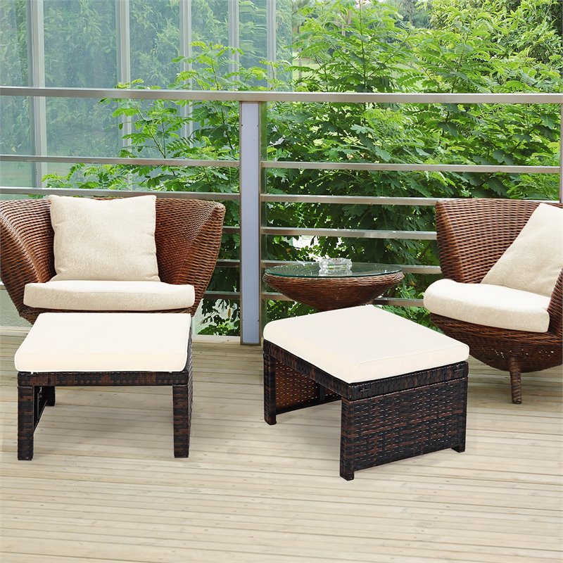 Maklaine Patio Rattan Ottomans/Footrests in White Cushioned Seat (Set of 2)