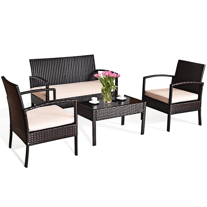 Maklaine 4 Pieces Rattan Patio Conversation Furniture Set with Cushion in Black