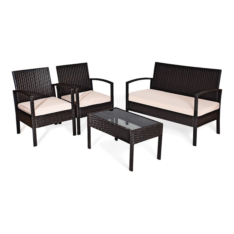 Maklaine 4 Pieces Rattan Patio Conversation Furniture Set with Cushion in Black