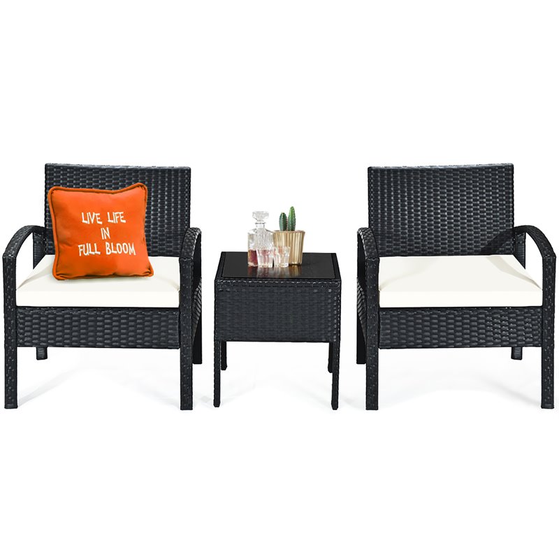 Maklaine 3 Pieces Rattan Patio Furniture Set with Cushion Outdoor in Black
