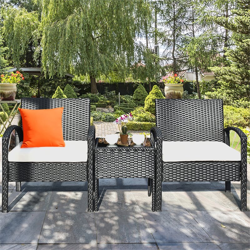 Maklaine 3 Pieces Rattan Patio Furniture Set with Cushion Outdoor in Black