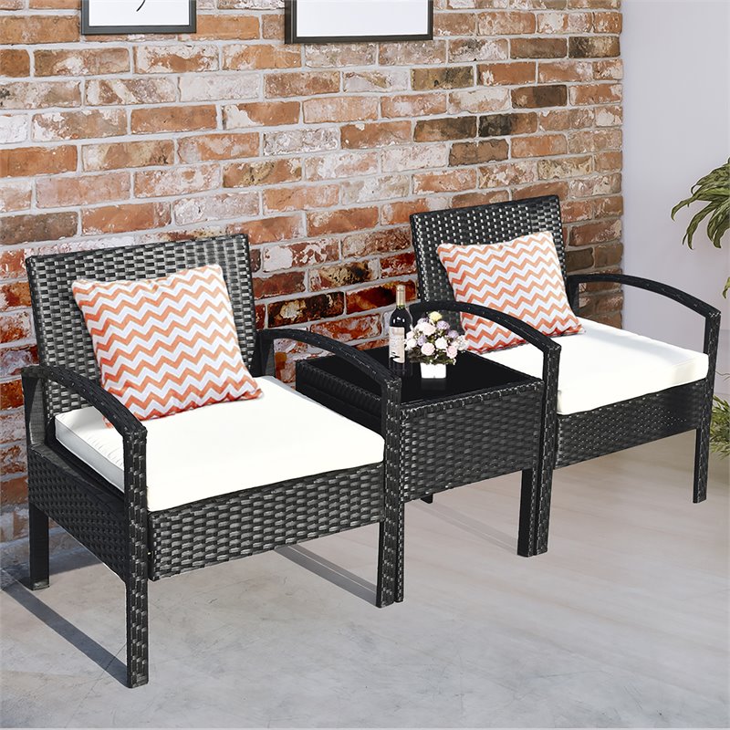 Maklaine 3 Pieces Rattan Patio Furniture Set with Cushion Outdoor in Black
