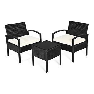 Maklaine 3 Pieces Rattan Patio Furniture Set with Cushion Outdoor in Black
