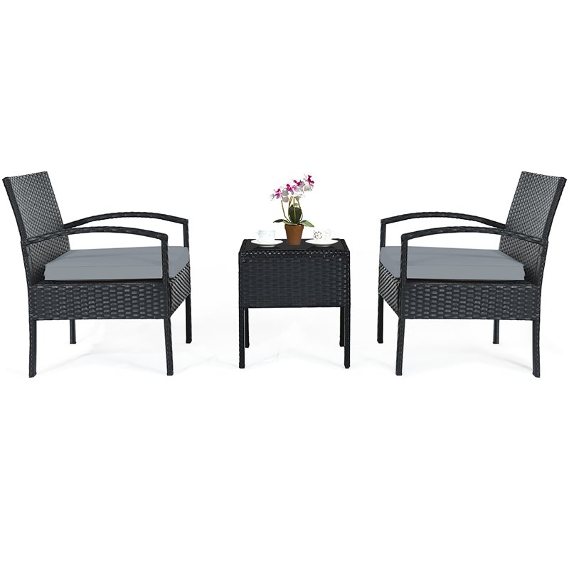 Maklaine 3-piece Rattan Patio Furniture Set with Seat Cushions in Gray/Black