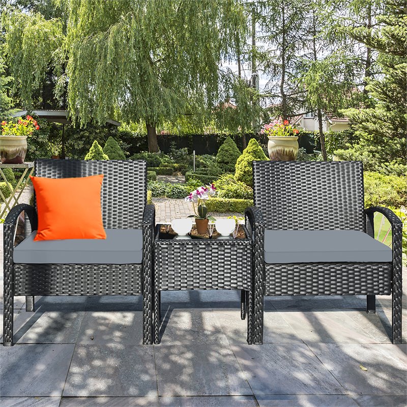 Maklaine 3-piece Rattan Patio Furniture Set with Seat Cushions in Gray/Black