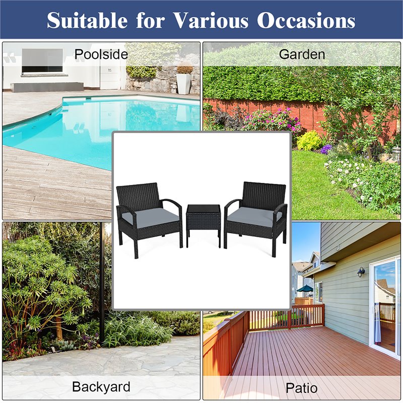 Maklaine 3-piece Rattan Patio Furniture Set with Seat Cushions in Gray/Black