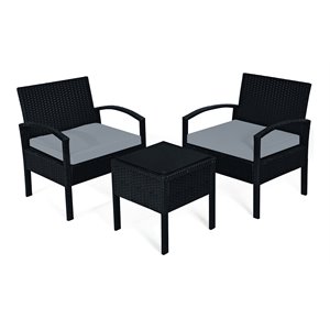 Maklaine 3-piece Rattan Patio Furniture Set with Seat Cushions in Gray/Black