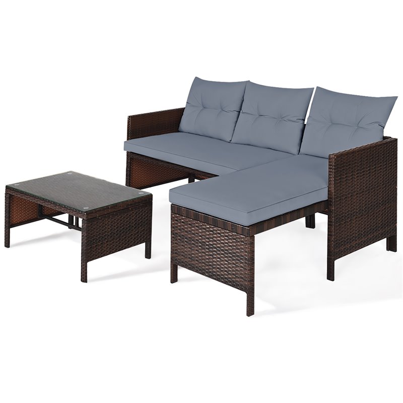 Maklaine 3-piece Wicker Rattan Patio L-shape Corner Sofa Set in Gray