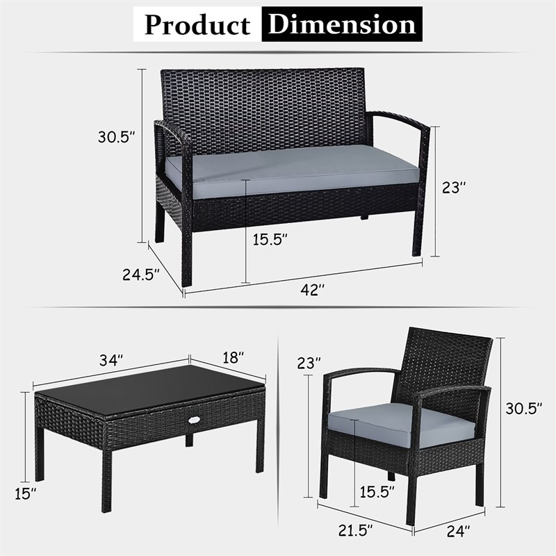 Maklaine 4-piece Contemporary Rattan and Steel Patio Furniture Set in Black