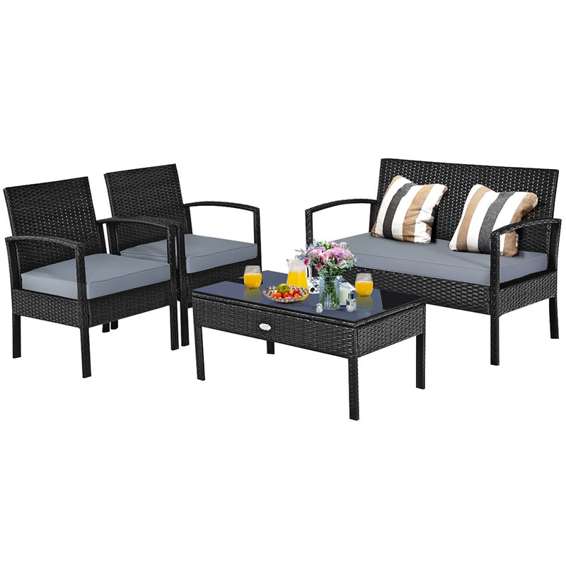 Maklaine 4-piece Contemporary Rattan and Steel Patio Furniture Set in Black
