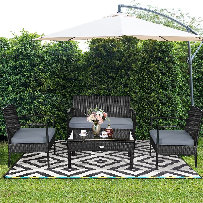 Maklaine 4-piece Contemporary Rattan and Steel Patio Furniture Set in Black