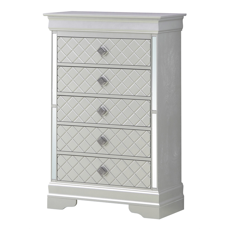 Maklaine Contemporary Wood Frame 5 Drawer Chest in Silver Champagne