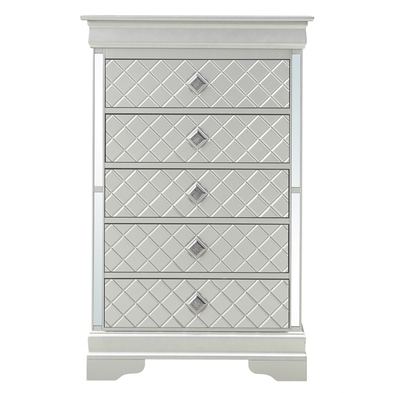 Maklaine Contemporary Wood Frame 5 Drawer Chest in Silver Champagne