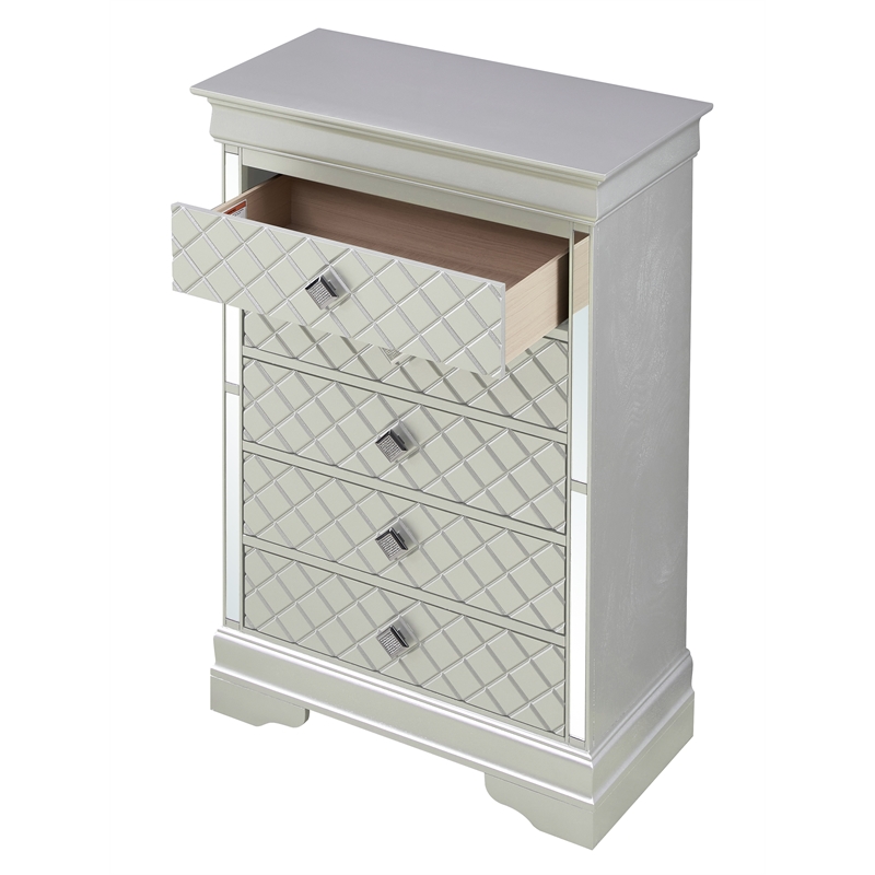 Maklaine Contemporary Wood Frame 5 Drawer Chest in Silver Champagne