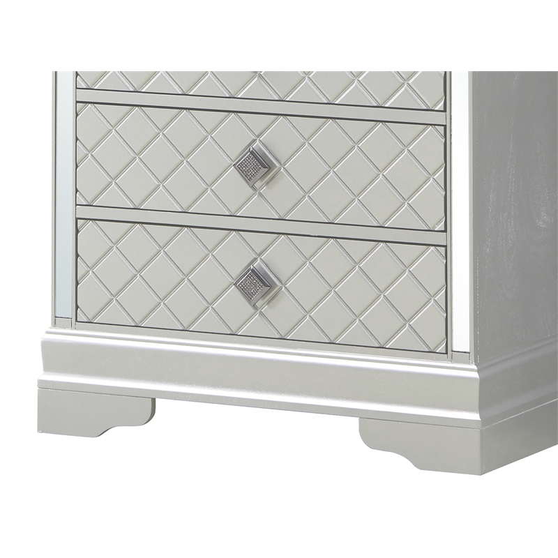 Maklaine Contemporary Wood Frame 5 Drawer Chest in Silver Champagne