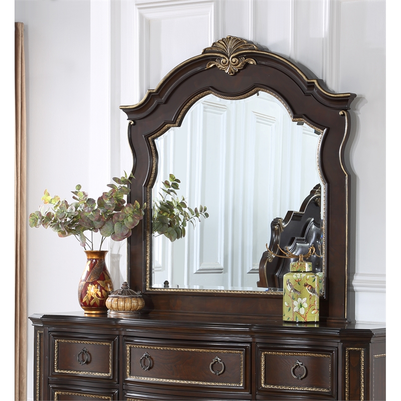 Maklaine Traditional Traditional Wood Mirror with Carved Arched Top in Cherry