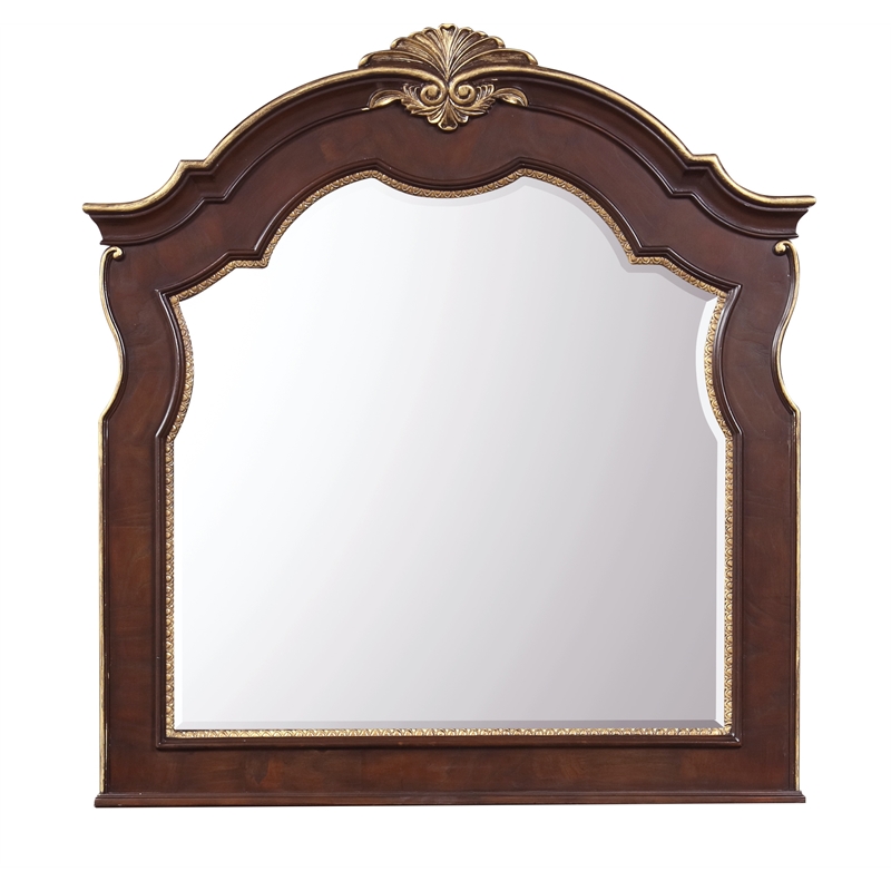 Maklaine Traditional Traditional Wood Mirror with Carved Arched Top in Cherry