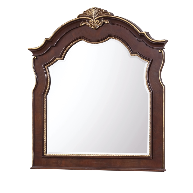 Maklaine Traditional Traditional Wood Mirror with Carved Arched Top in Cherry