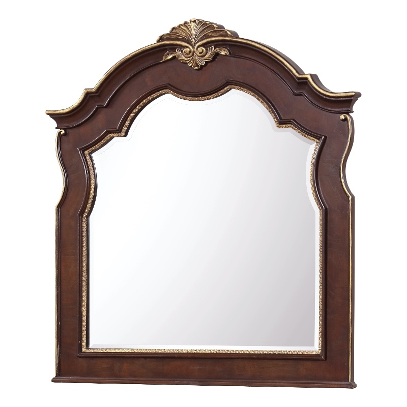 Maklaine Traditional Traditional Wood Mirror with Carved Arched Top in Cherry