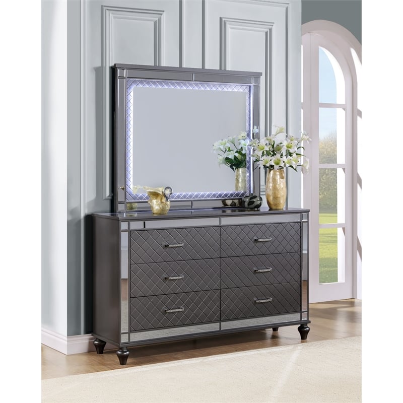 Maklaine Contemporary Wood Frame Mirror Gunmetal in Gray and Mirror