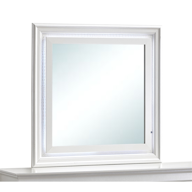 Maklaine Contemporary Wood Frame Mirror Pearl in White Finish