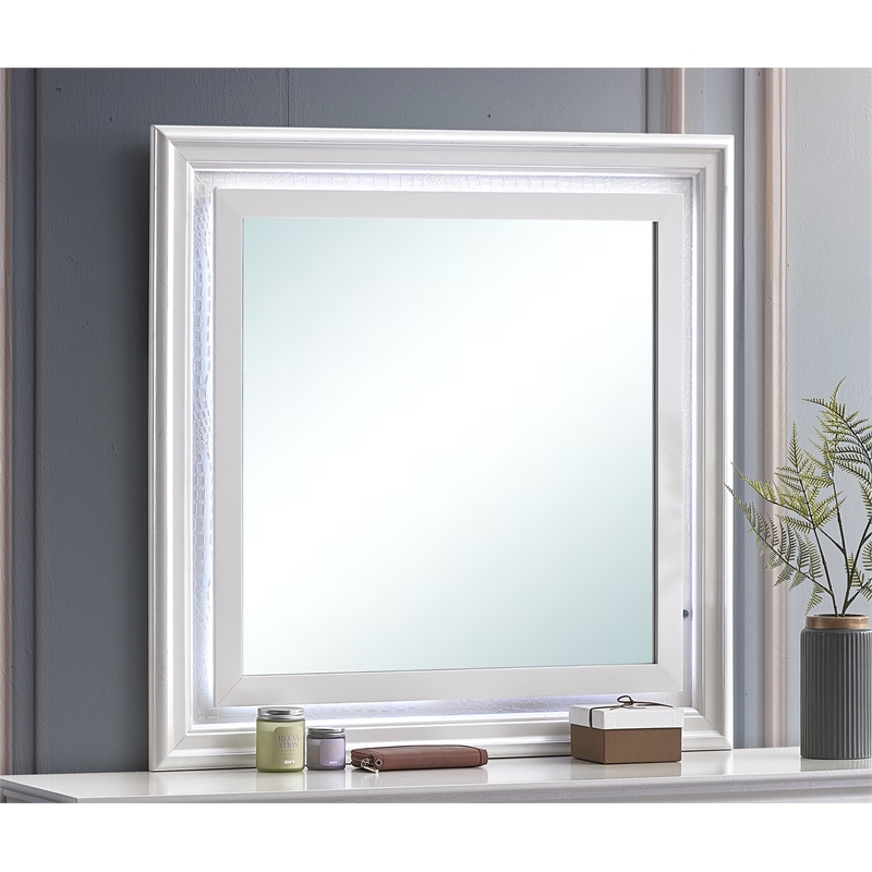 Maklaine Contemporary Wood Frame Mirror Pearl in White Finish