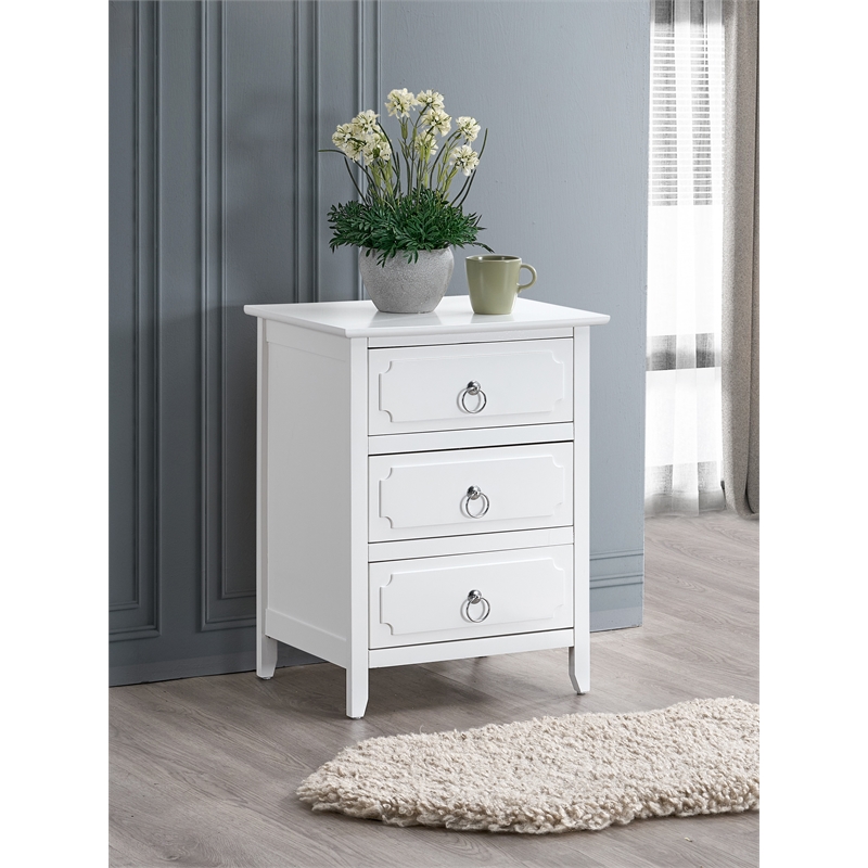 Maklaine Mid-Century 3 Drawer Wooden Nightstand in White Finish