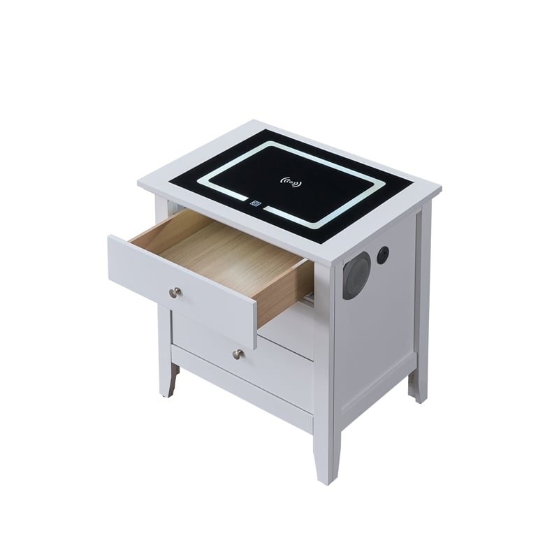 Maklaine Contemporary Wood 3 Drawer Power Nightstand with Speakers in White