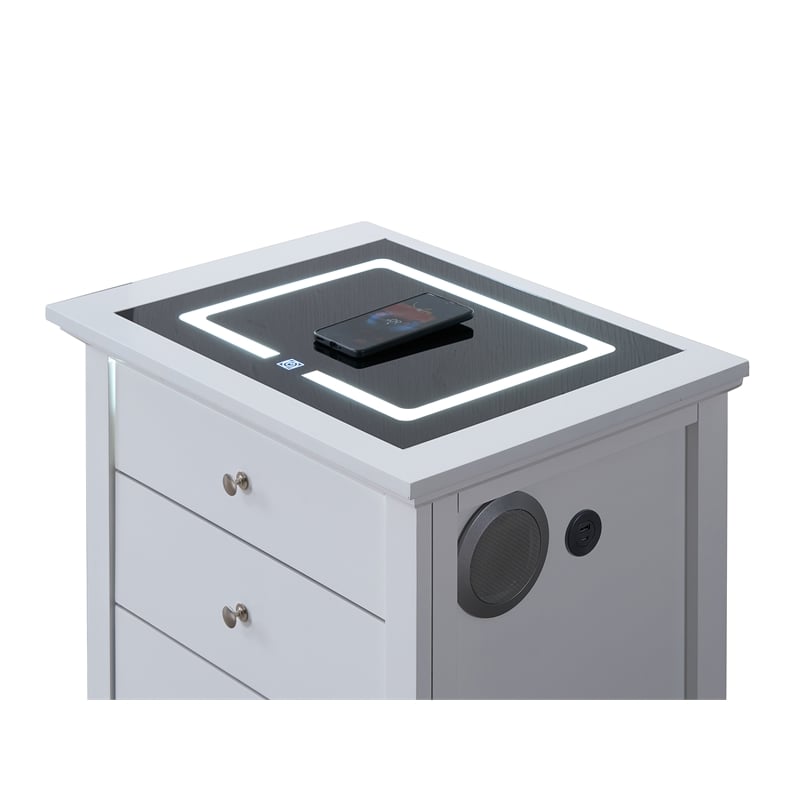 Maklaine Contemporary Wood 3 Drawer Power Nightstand with Speakers in White