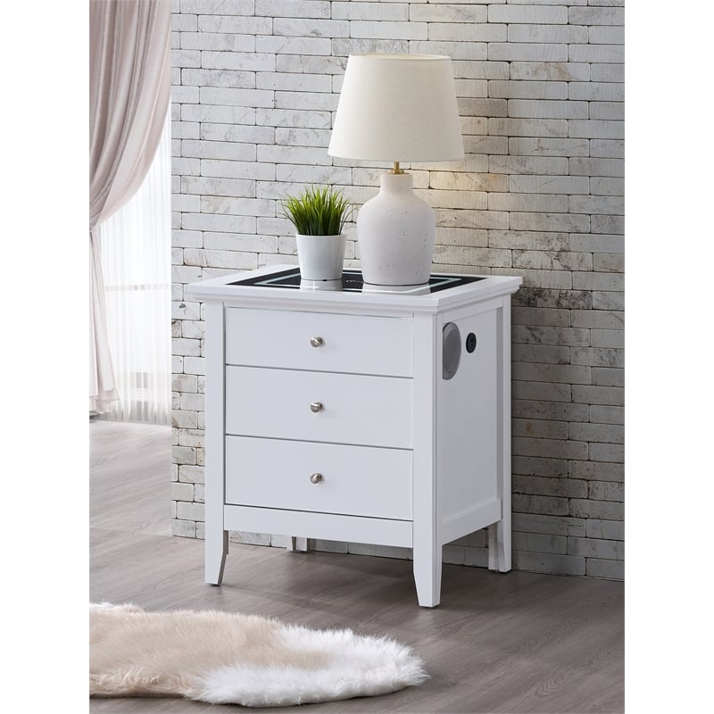 Maklaine Contemporary Wood 3 Drawer Power Nightstand with Speakers in White