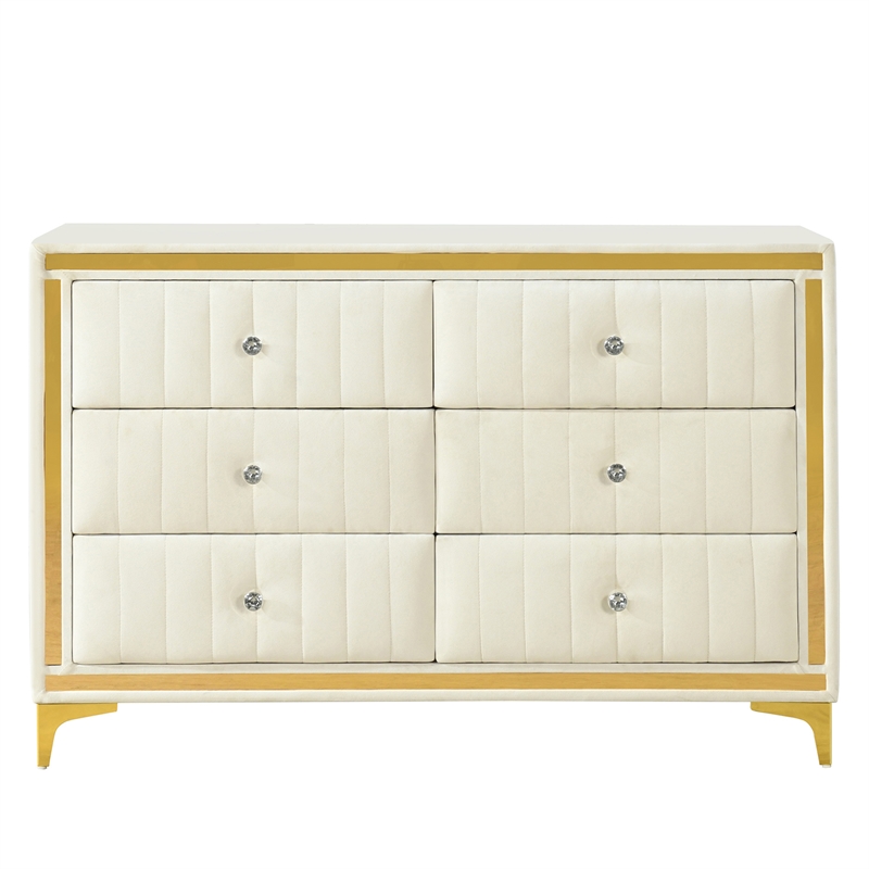Maklaine Contemporary Velvet 6-Drawer Dresser with Gold Legs in Cream