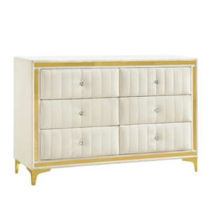 Maklaine Contemporary Velvet 6-Drawer Dresser with Gold Legs in Cream