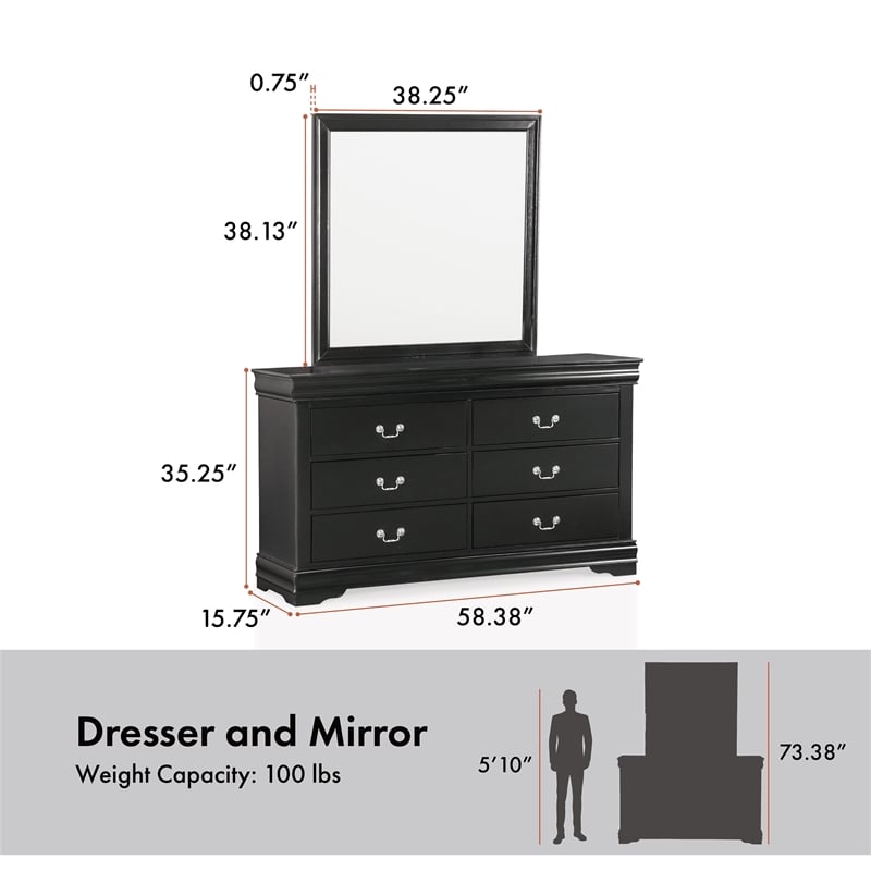 Maklaine Transitional Wood 6-Drawer Dresser with Mirror in Black