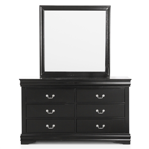 Maklaine Transitional Wood 6-Drawer Dresser with Mirror in Black