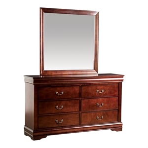 Maklaine Transitional Wood 6-Drawer Dresser with Mirror in Cherry