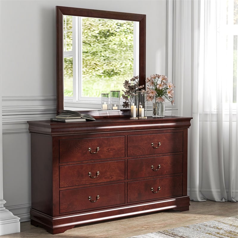 Maklaine Transitional Wood 6-Drawer Dresser with Mirror in Cherry