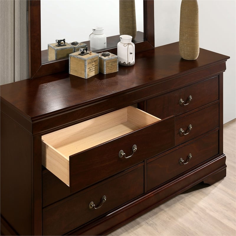 Maklaine Transitional Wood 6-Drawer Dresser with Mirror in Cherry
