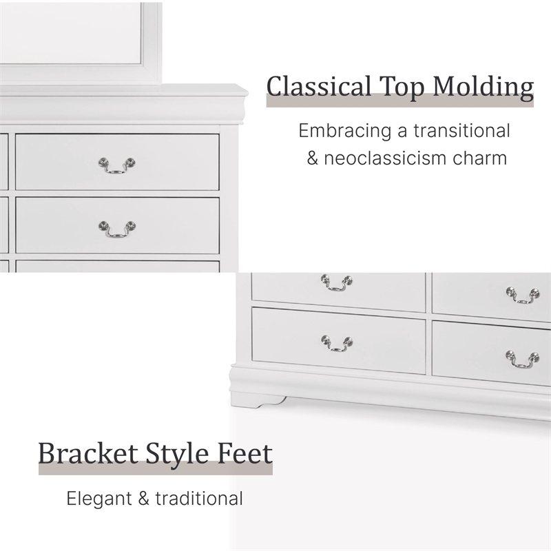 Maklaine Transitional Wood 6-Drawer Dresser with Mirror in White