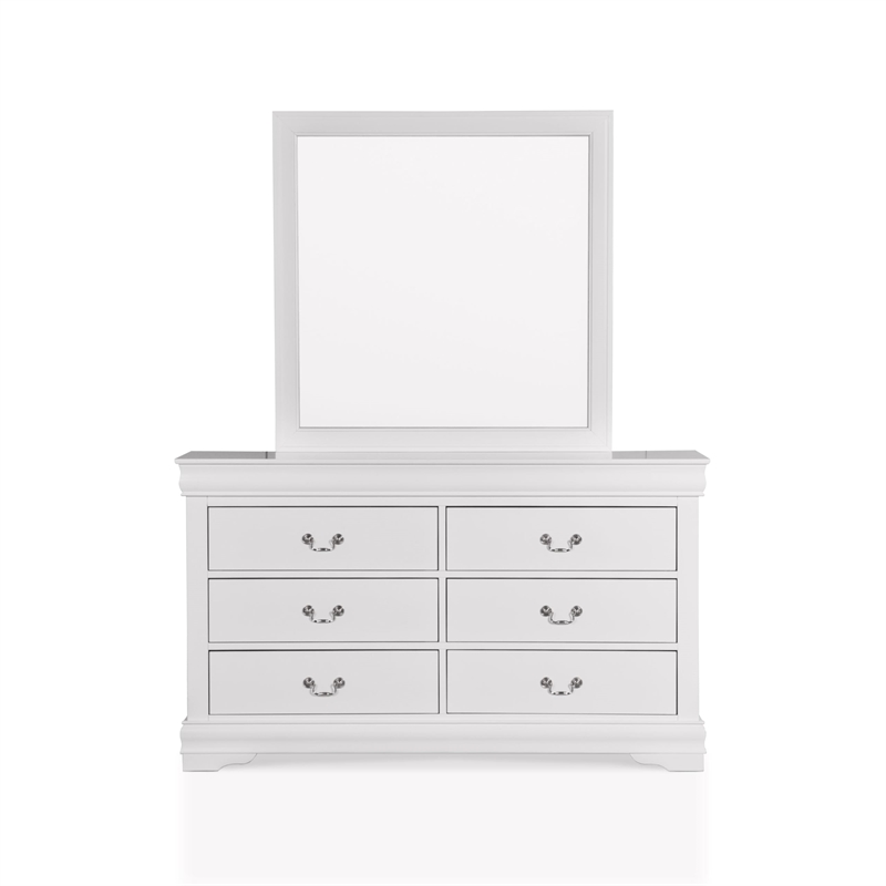 Maklaine Transitional Wood 6-Drawer Dresser with Mirror in White