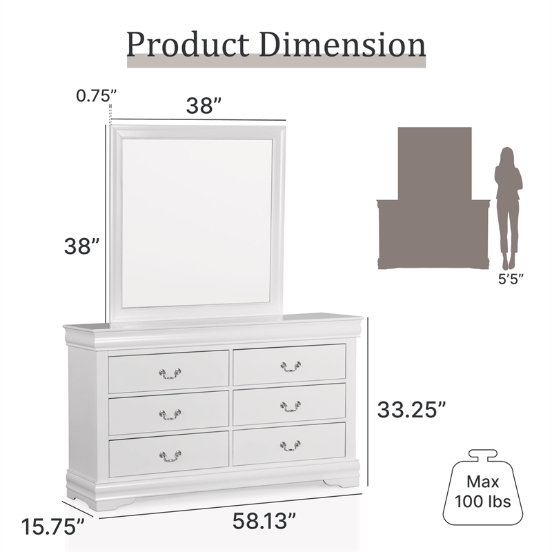 Maklaine Transitional Wood 6-Drawer Dresser with Mirror in White