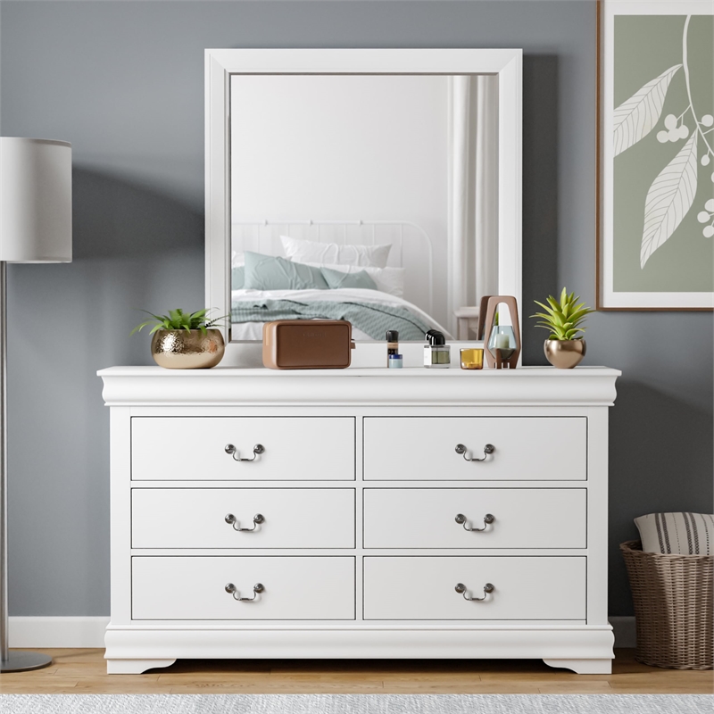 Maklaine Transitional Wood 6-Drawer Dresser with Mirror in White