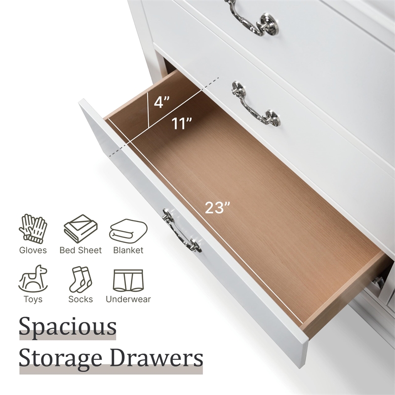 Maklaine Transitional Wood 6-Drawer Dresser with Mirror in White