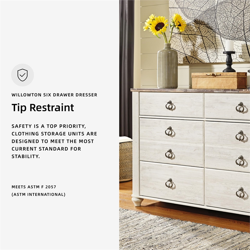 Maklaine Modern Coastal 6-Drawer Double Dresser in Whitewash