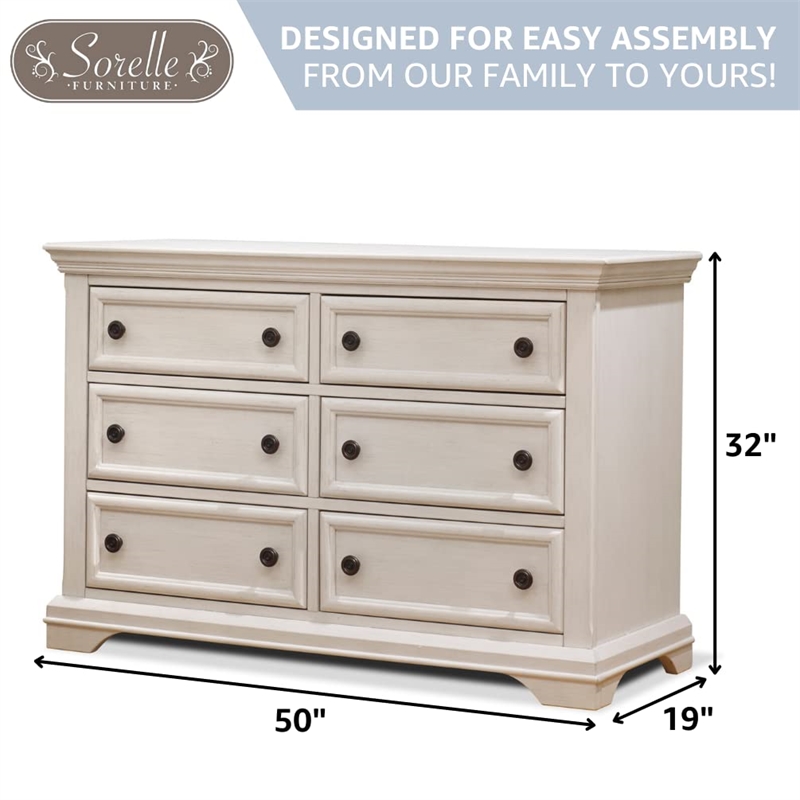 Maklaine Traditional Wood Double Dresser for Nursery in Brushed Ivory